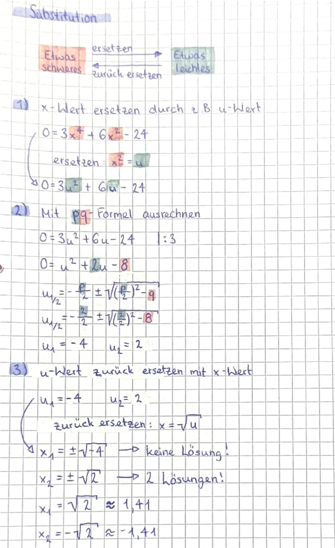 Substitution
ersetzen
Etwas
Etwas
schweres zurück ersetzen
leichtes
x-Wert ersetzen durch zB u-Wert
0=3x+6x-24
ersetzen: 83 = 4
×0 = 34² + 6
