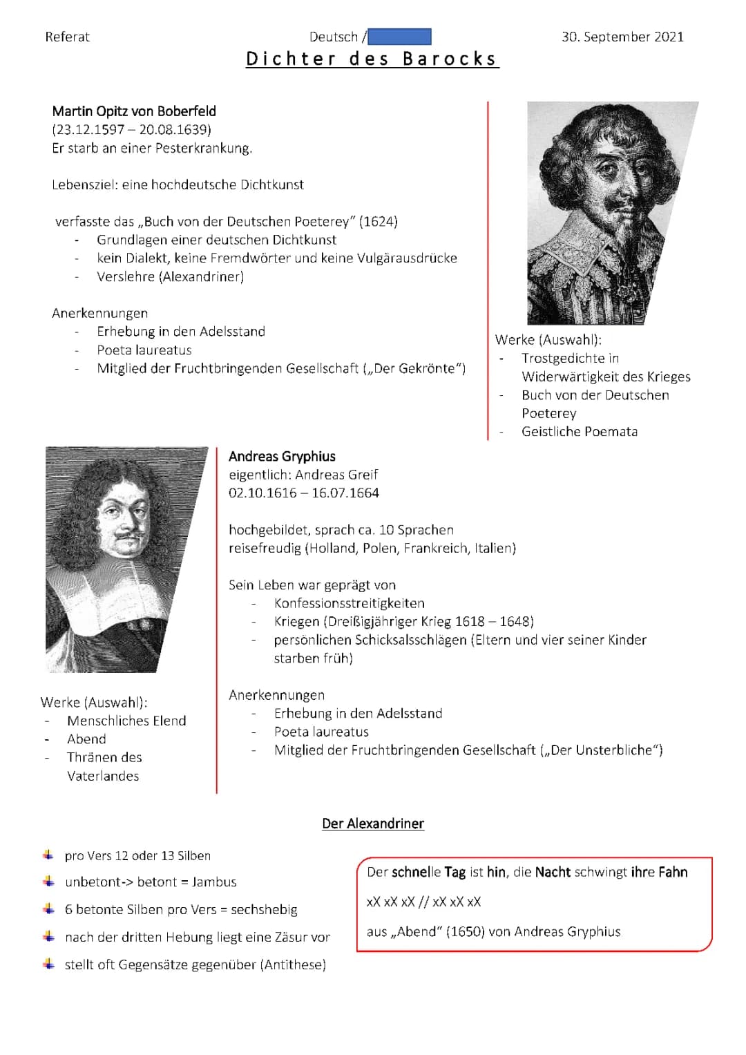 Barock / Martin Opitz und Andreas Greif, Gryphius / Gedicht "Es ist alles Eitel"