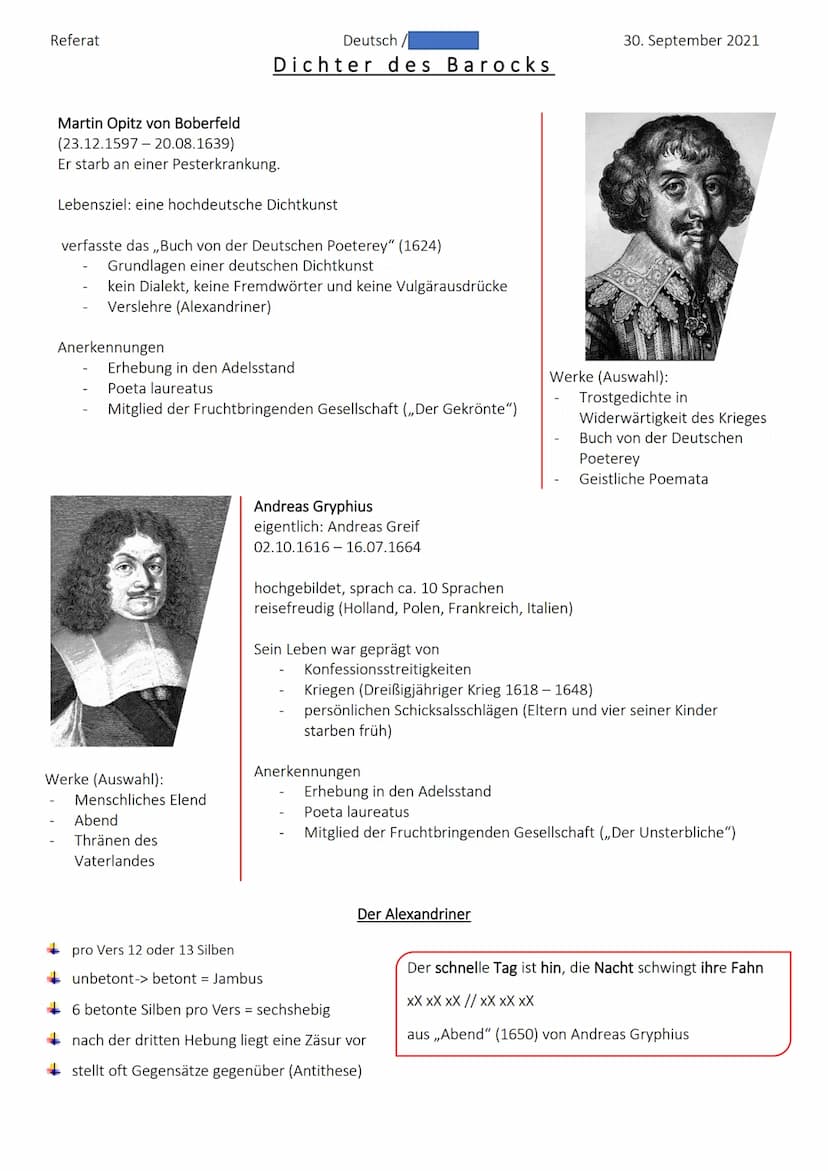 ANDREAS GRYPHIUS
UND
MARTIN OPITZ
DICHTER DES BAROCKS Referat
Martin Opitz von Boberfeld
(23.12.1597 - 20.08.1639)
Er starb an einer Pesterk