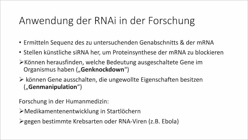 RNA
Interferenz
Von Lotta Inhalt
1. Was ist RNA Interferenz?
2. RNAi als Abwehrmechanismus
3. Kontrolle der Genexpression
4. Ablauf der RNAi