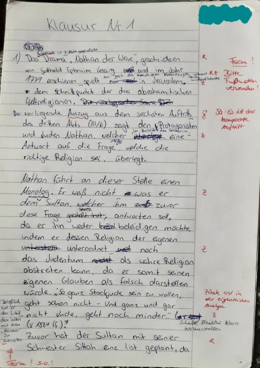 NATHAN DER
WEISE -KLAUSUR
Szenenanalyse III/6 (13 Punkte) Klausur Nr. 1
O
klasik in 5 Akte gegliedsste
Form!
ven
1) Das Drama, Nathan der We
