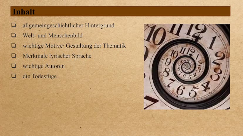 die Epoche der
Postmoderne Inhalt
0 0 0 0 0 0
allgemeingeschichtlicher Hintergrund
Welt- und Menschenbild
wichtige Motive/ Gestaltung der Th