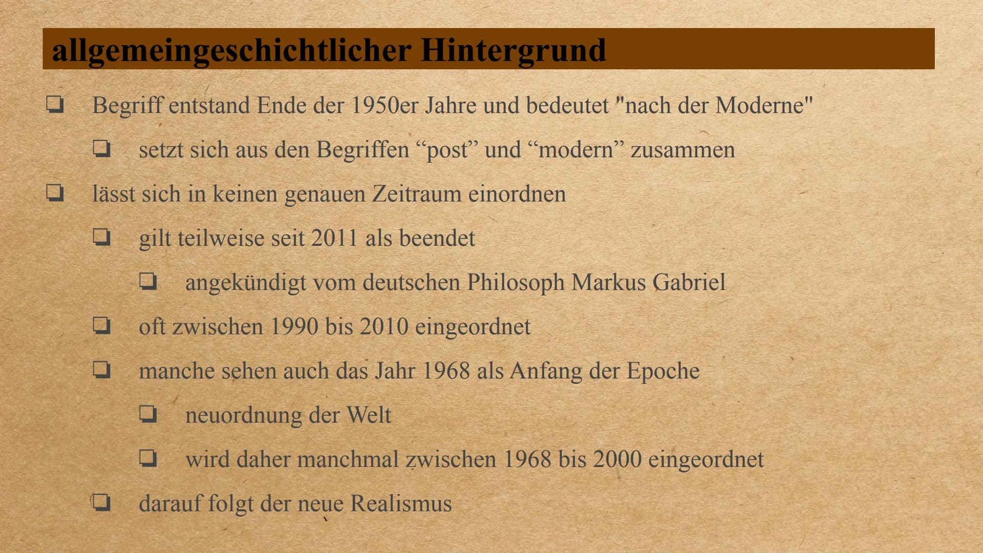 die Epoche der
Postmoderne Inhalt
0 0 0 0 0 0
allgemeingeschichtlicher Hintergrund
Welt- und Menschenbild
wichtige Motive/ Gestaltung der Th