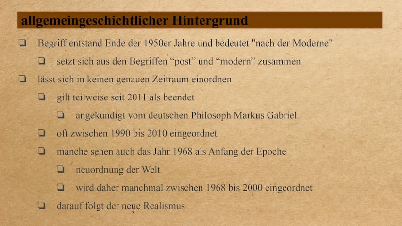 die Epoche der
Postmoderne Inhalt
0 0 0 0 0 0
allgemeingeschichtlicher Hintergrund
Welt- und Menschenbild
wichtige Motive/ Gestaltung der Th