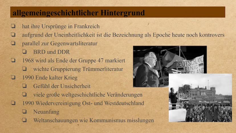 die Epoche der
Postmoderne Inhalt
0 0 0 0 0 0
allgemeingeschichtlicher Hintergrund
Welt- und Menschenbild
wichtige Motive/ Gestaltung der Th