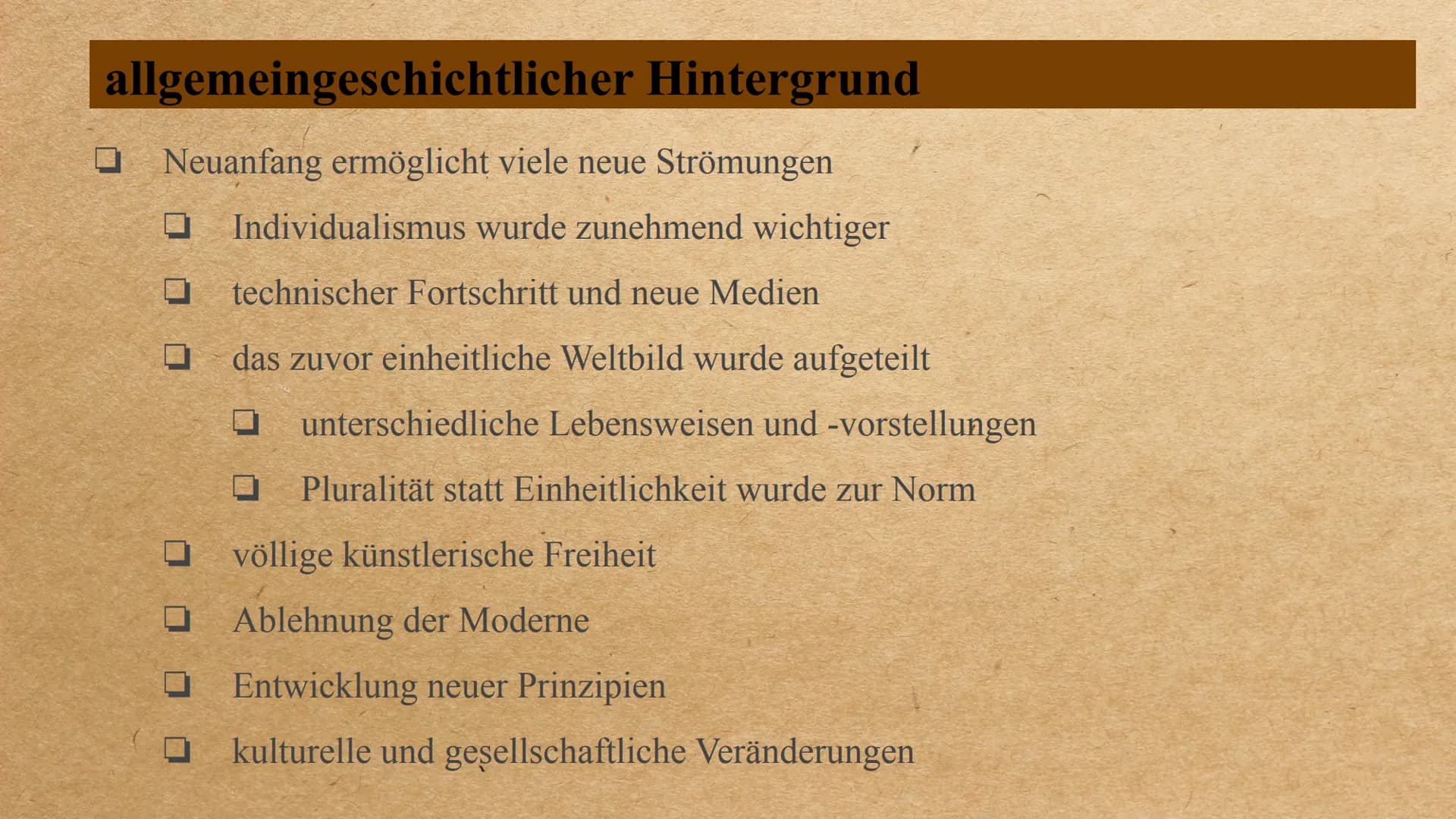 die Epoche der
Postmoderne Inhalt
0 0 0 0 0 0
allgemeingeschichtlicher Hintergrund
Welt- und Menschenbild
wichtige Motive/ Gestaltung der Th