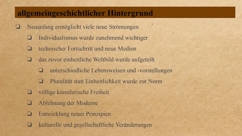 die Epoche der
Postmoderne Inhalt
0 0 0 0 0 0
allgemeingeschichtlicher Hintergrund
Welt- und Menschenbild
wichtige Motive/ Gestaltung der Th