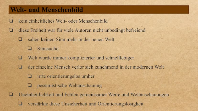 die Epoche der
Postmoderne Inhalt
0 0 0 0 0 0
allgemeingeschichtlicher Hintergrund
Welt- und Menschenbild
wichtige Motive/ Gestaltung der Th