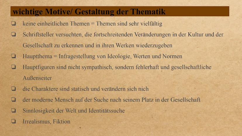die Epoche der
Postmoderne Inhalt
0 0 0 0 0 0
allgemeingeschichtlicher Hintergrund
Welt- und Menschenbild
wichtige Motive/ Gestaltung der Th