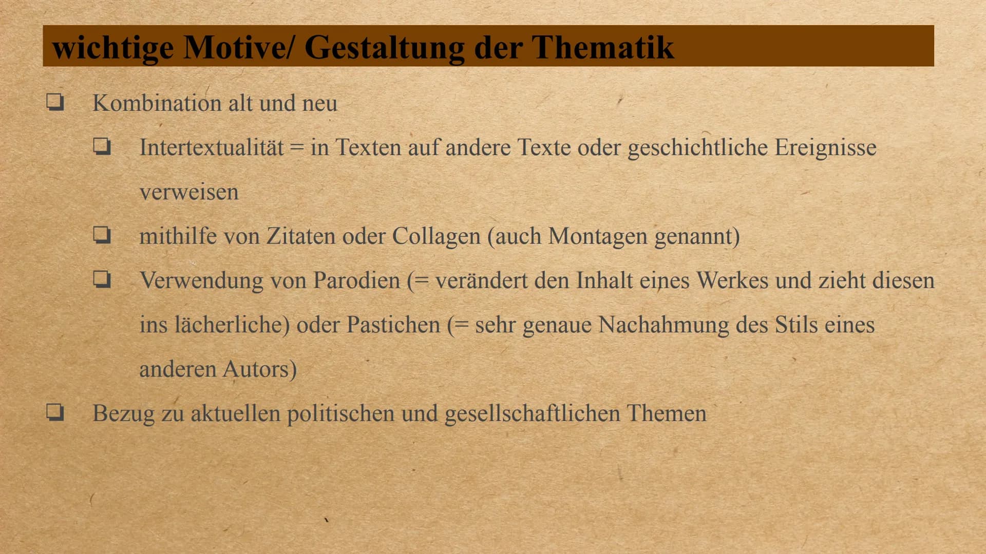 die Epoche der
Postmoderne Inhalt
0 0 0 0 0 0
allgemeingeschichtlicher Hintergrund
Welt- und Menschenbild
wichtige Motive/ Gestaltung der Th