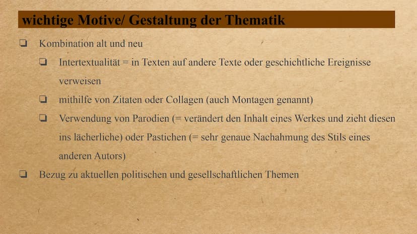 die Epoche der
Postmoderne Inhalt
0 0 0 0 0 0
allgemeingeschichtlicher Hintergrund
Welt- und Menschenbild
wichtige Motive/ Gestaltung der Th