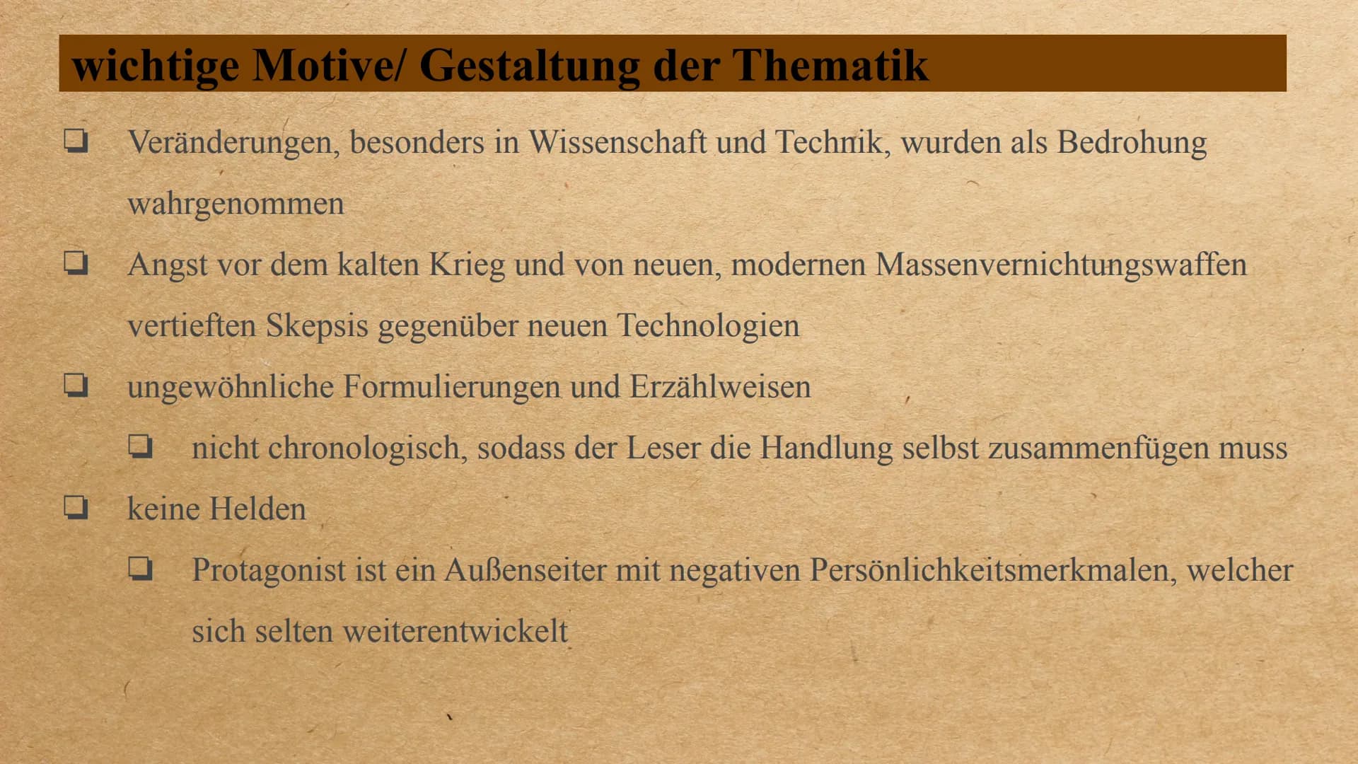 die Epoche der
Postmoderne Inhalt
0 0 0 0 0 0
allgemeingeschichtlicher Hintergrund
Welt- und Menschenbild
wichtige Motive/ Gestaltung der Th