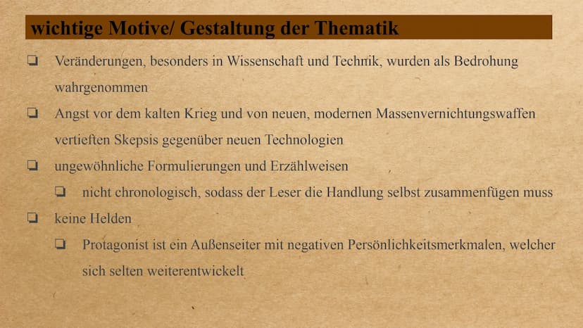 die Epoche der
Postmoderne Inhalt
0 0 0 0 0 0
allgemeingeschichtlicher Hintergrund
Welt- und Menschenbild
wichtige Motive/ Gestaltung der Th