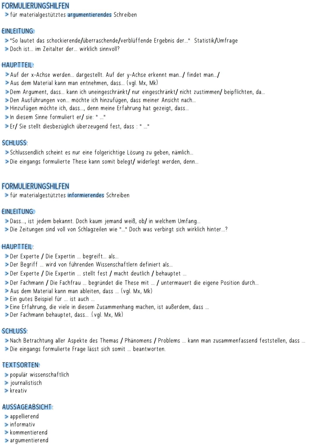 FORMULIERUNGSHILFEN
> für materialgestütztes argumentierendes Schreiben
EINLEITUNG:
> "So lautet das schockierende/überraschende/verblüffend
