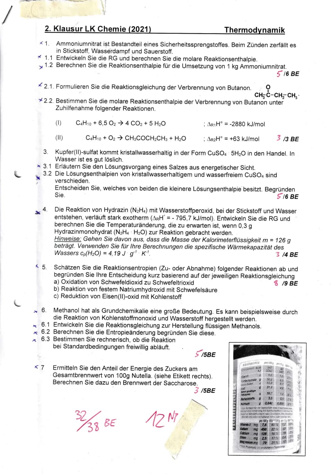 2. Klausur LK Chemie (2021)
Thermodynamik
x 1. Ammoniumnitrat ist Bestandteil eines Sicherheitssprengstoffes. Beim Zünden zerfällt es
in Sti