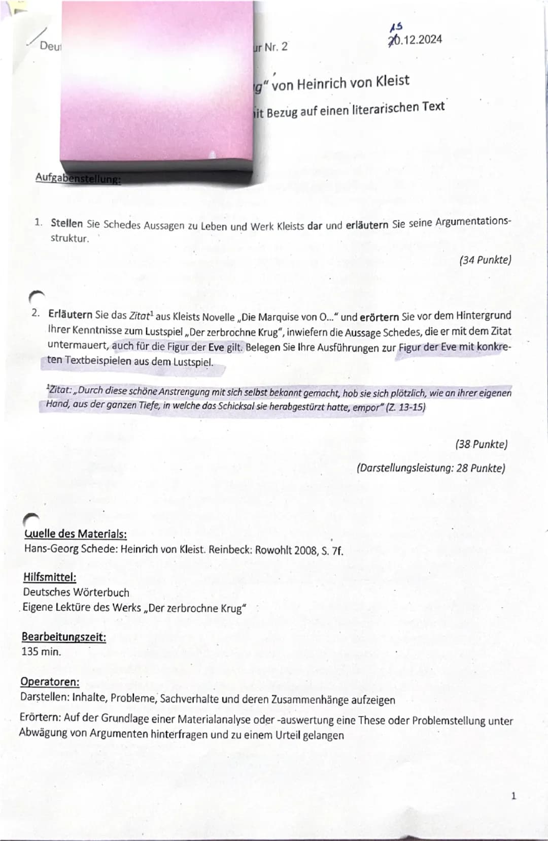 /Dev
Deut
ur Nr. 2
15
20.12.2024
g" von Heinrich von Kleist
it Bezug auf einen literarischen Text
Aufgabenstellung:
1. Stellen Sie Schedes A