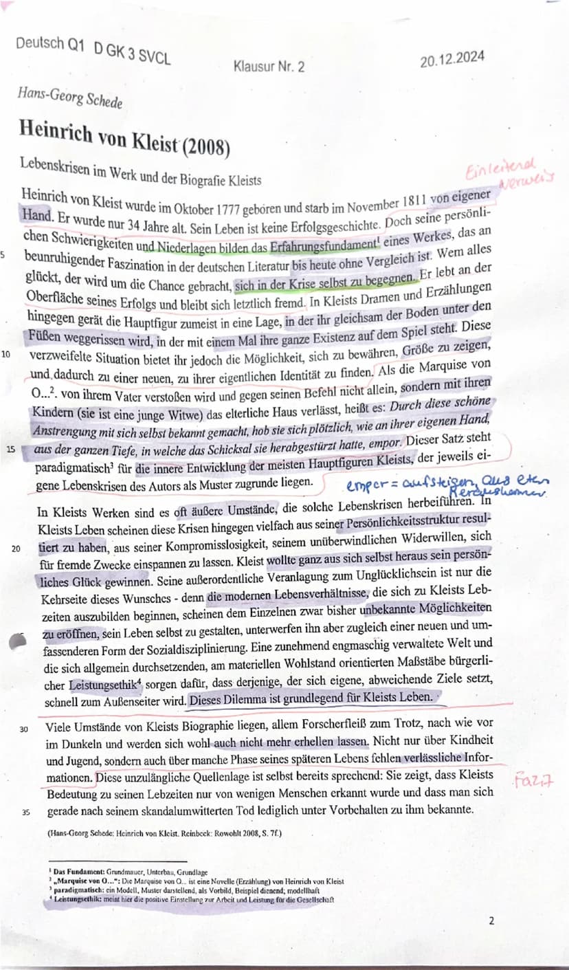/Dev
Deut
ur Nr. 2
15
20.12.2024
g" von Heinrich von Kleist
it Bezug auf einen literarischen Text
Aufgabenstellung:
1. Stellen Sie Schedes A