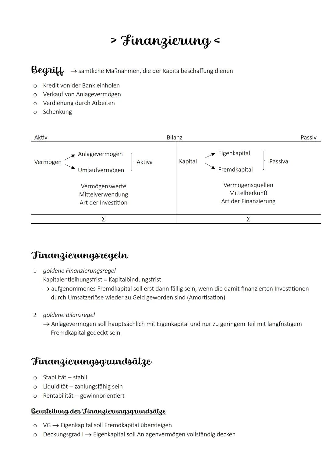 > Finanzierung <

Begriff → sämtliche Maßnahmen, die der Kapitalbeschaffung dienen

o Kredit von der Bank einholen
Verkauf von Anlagevermöge