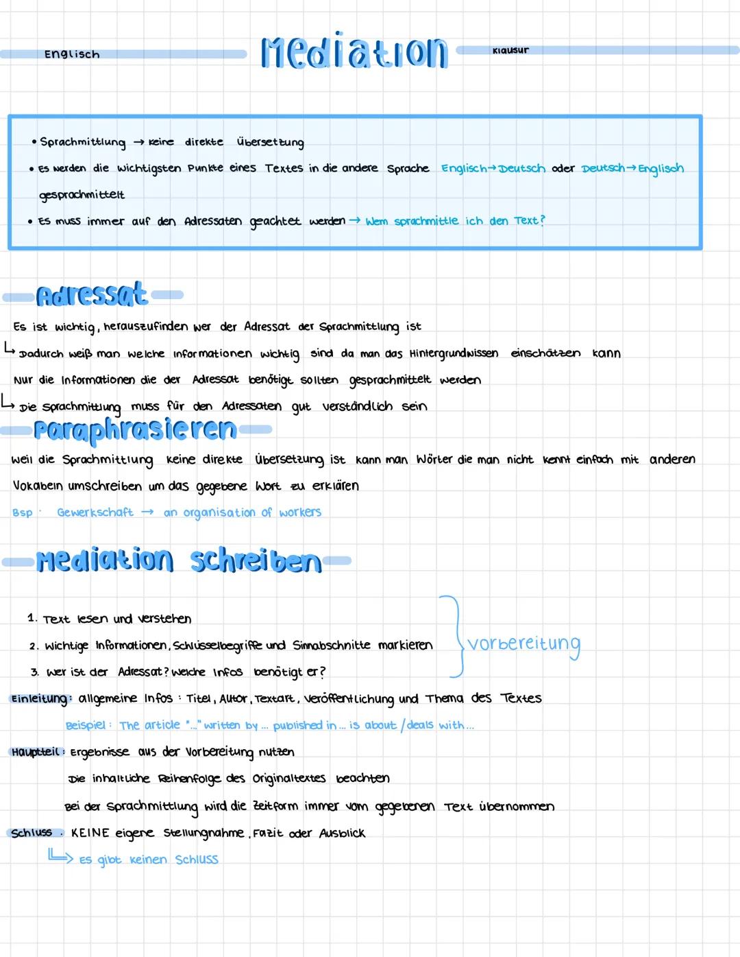 Englisch
# Mediation
Klausur

*   Sprachmittlung keine direkte Übersetzung
*   Es werden die wichtigsten Punkte eines Textes in die andere S