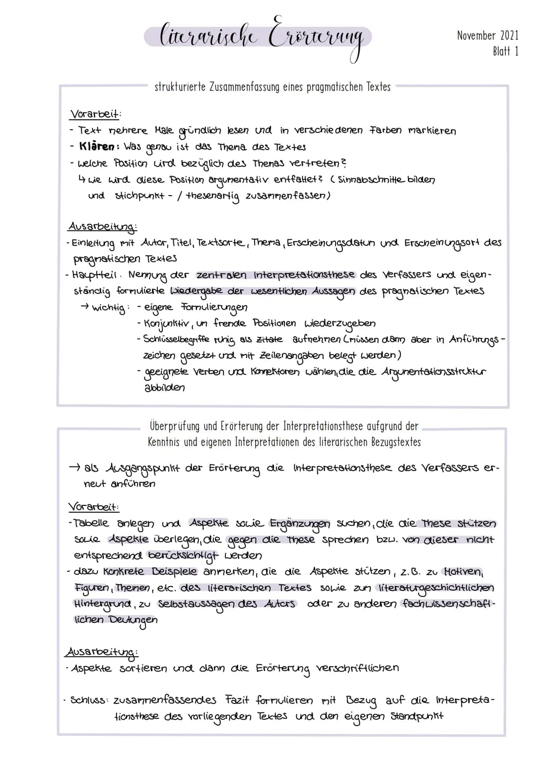 literarische Everterung
strukturierte Zusammenfassung eines pragmatischen Textes
Vorarbeit:
- Text mehrere Male gründlich lesen und in versc