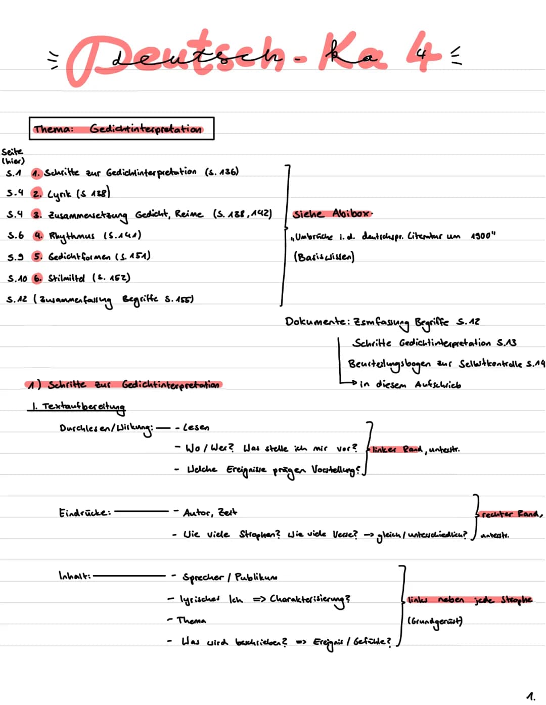 Seite
(hier)
S.1
= Deutsch-Ka 4 c
Thema: Gedichtinterpretation
Schritte zur Gedichtinterpretation (s. 136)
5.4 2. Cyrık (5 138)
S.4 3. Zusam