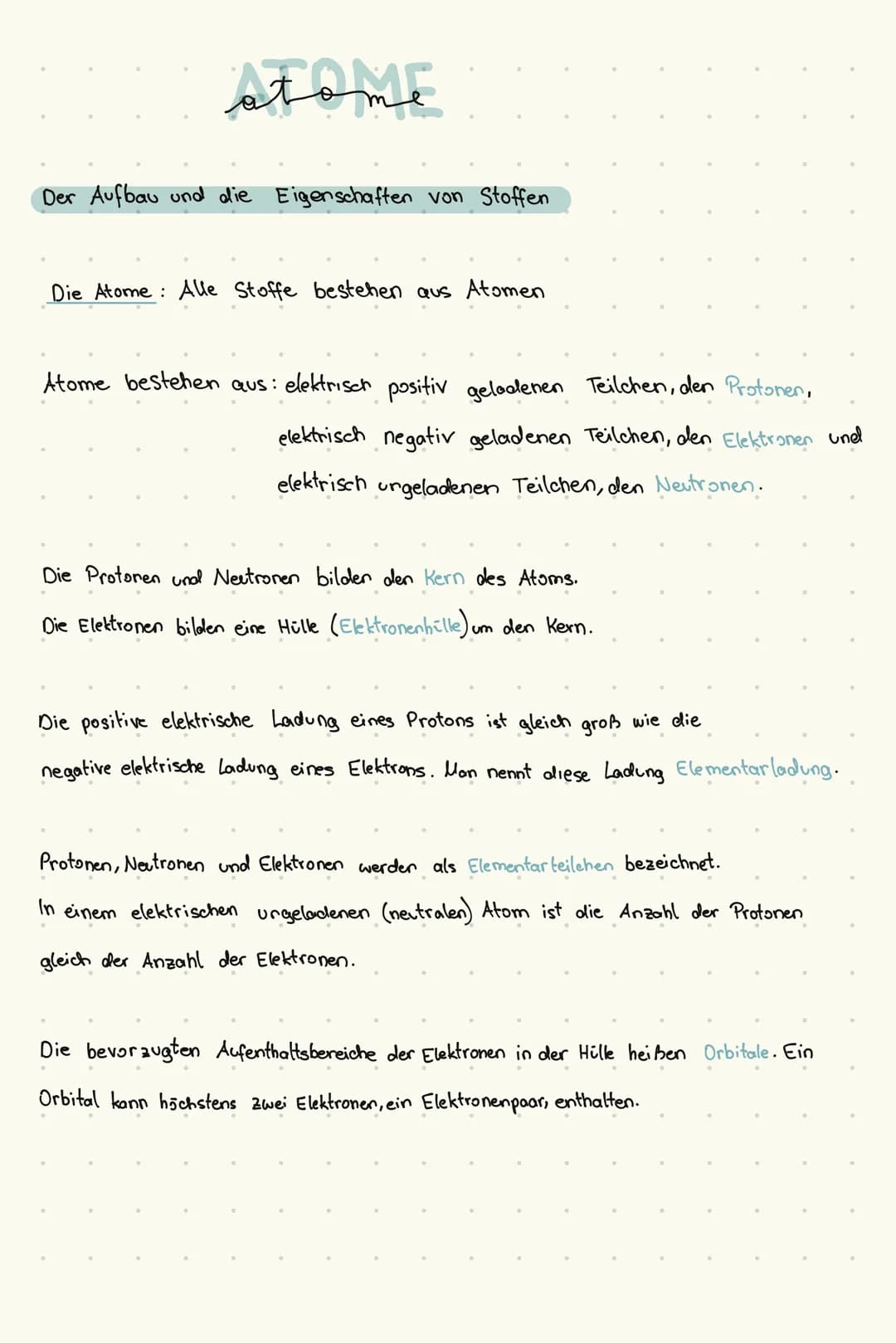 STOME
Der Aufbau und die Eigenschaften von Stoffen
Die Atome: Alle Stoffe bestehen aus Atomen
Atome bestehen aus: elektrisch positiv geladen