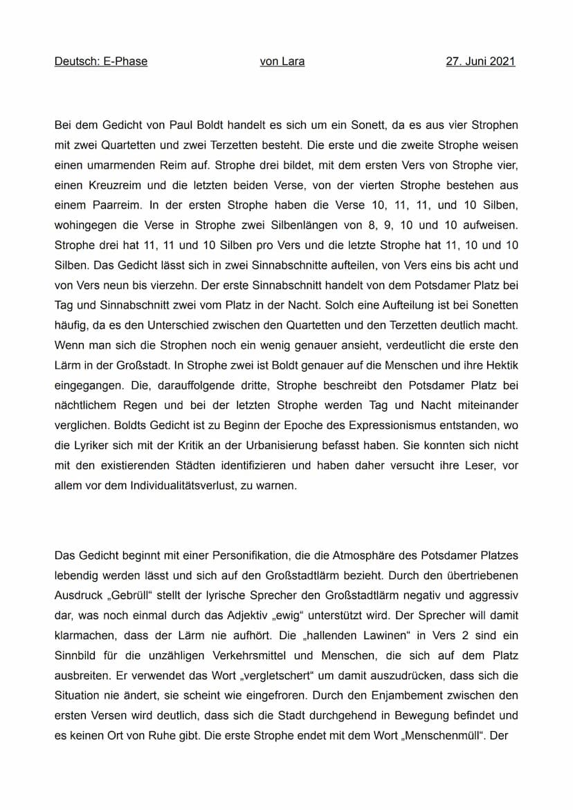 Deutsch: E-Phase
Gedicht:
von Lara
Gedichtanalyse
Auf der Terrasse des Café Josty
Gedicht von Paul Boldt
Der Potsdamer Platz in ewigem Gebrü