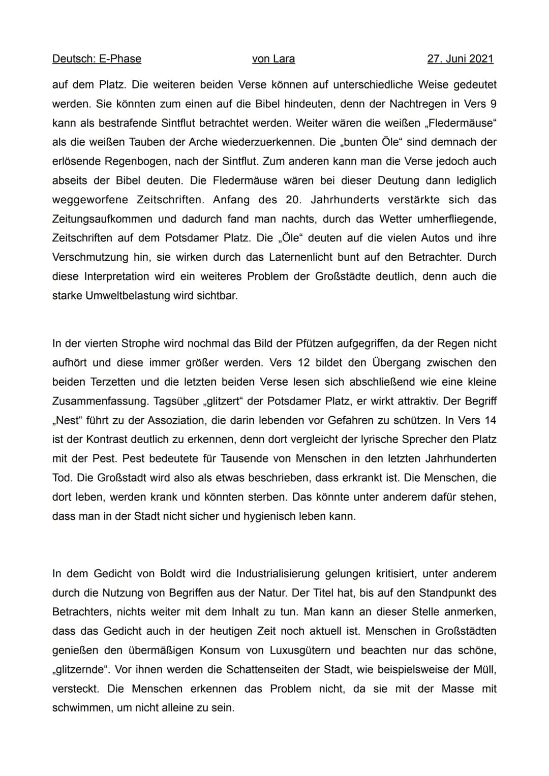 Deutsch: E-Phase
Gedicht:
von Lara
Gedichtanalyse
Auf der Terrasse des Café Josty
Gedicht von Paul Boldt
Der Potsdamer Platz in ewigem Gebrü