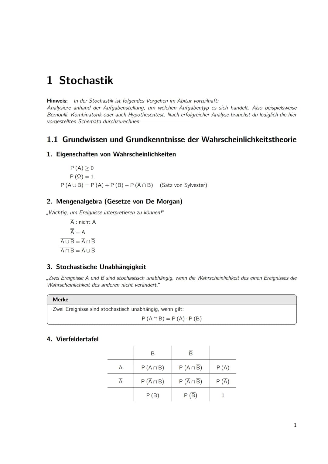 Inhaltsverzeichnis
1 Stochastik
1.1 Grundwissen und Grundkenntnisse der Wahrscheinlichkeitstheorie
1.2 Bedingte Wahrscheinlichkeiten
Lösunge