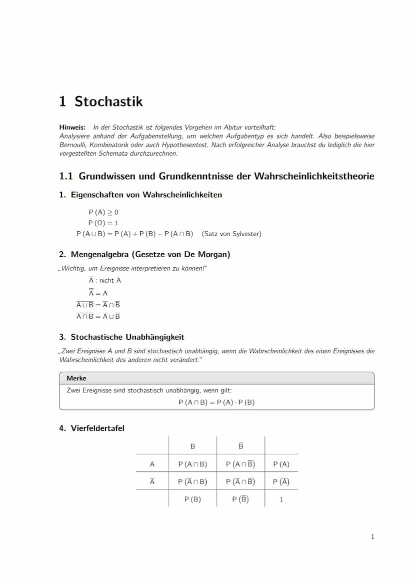 Inhaltsverzeichnis
1 Stochastik
1.1 Grundwissen und Grundkenntnisse der Wahrscheinlichkeitstheorie
1.2 Bedingte Wahrscheinlichkeiten
Lösunge