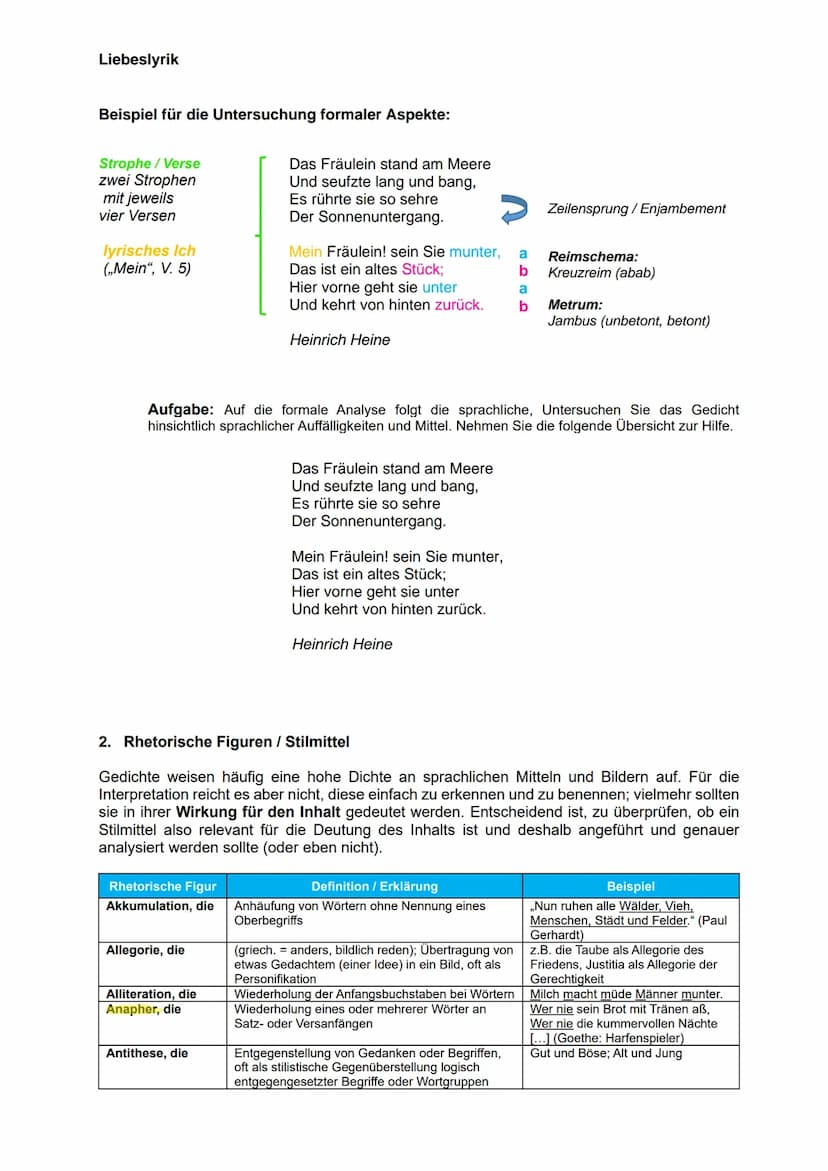 Liebeslyrik
Formale und sprachliche Besonderheiten von Lyrik
1. Formal-sprachliche Merkmale
(a) Struktur / Aufbau:
●
●
●
Vers: Gedichte best