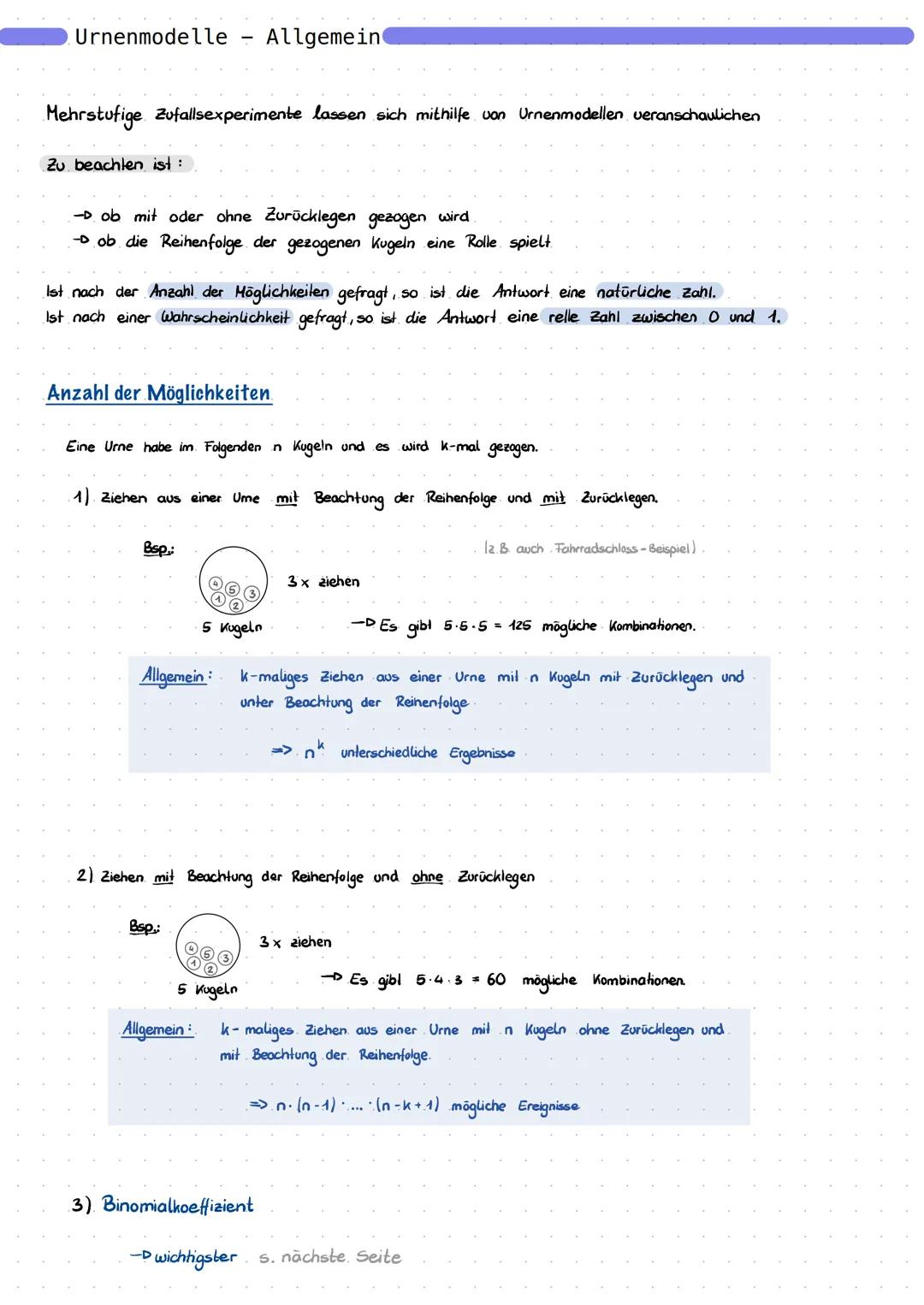 # Urnenmodelle - Allgemein

Mehrstufige Zufallsexperimente lassen sich mithilfe von Urnenmodellen veranschaulichen

Zu beachlen ist:

- ob m
