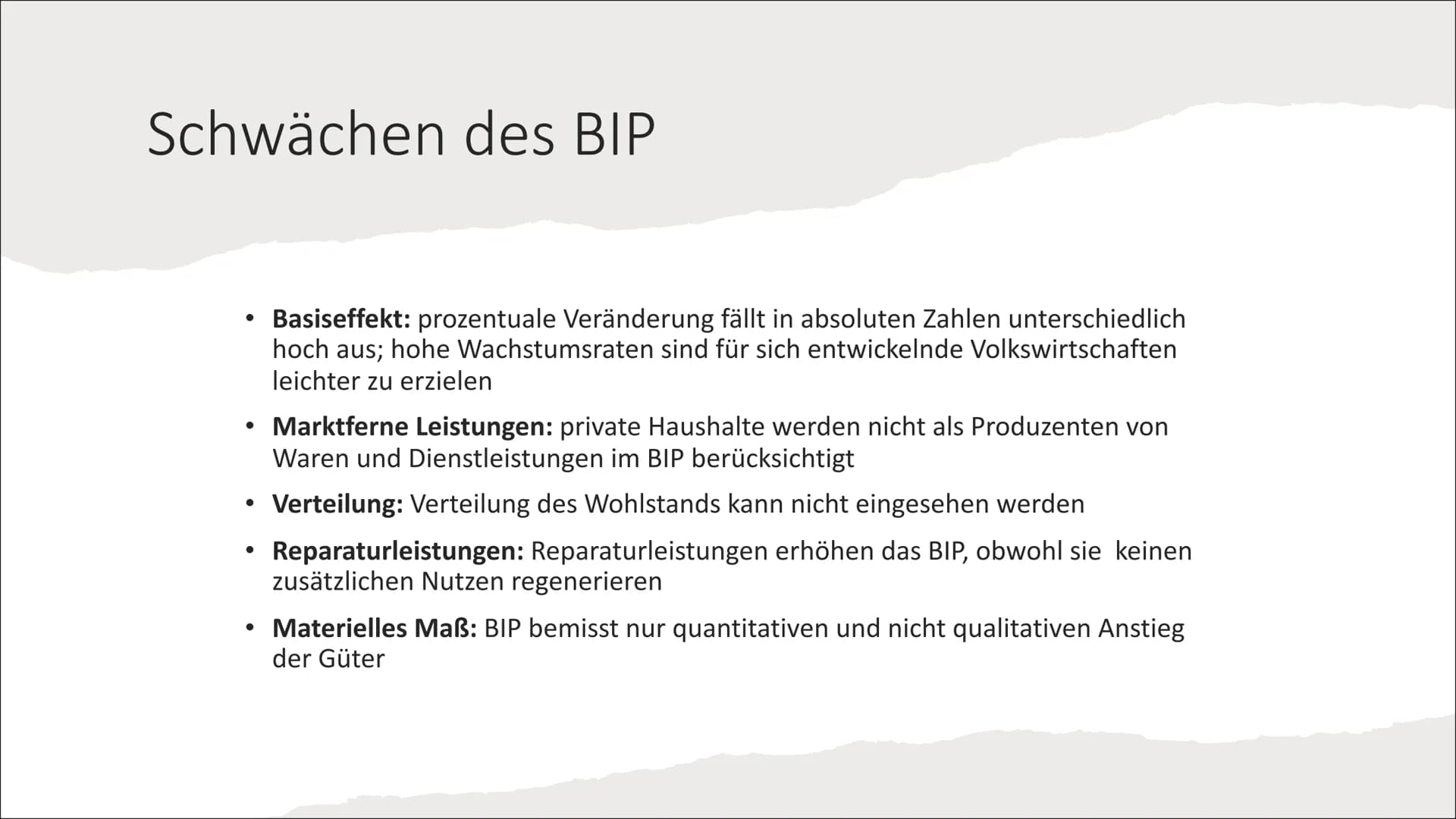Qualitatives Wachstum und
nachhaltige Entwicklung Inhalt:
1) BIP als Wohlstandsindikator
Schwächen des BIP
➤ Faktoren für eine neue Wohlstan