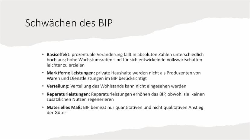 Qualitatives Wachstum und
nachhaltige Entwicklung Inhalt:
1) BIP als Wohlstandsindikator
Schwächen des BIP
➤ Faktoren für eine neue Wohlstan