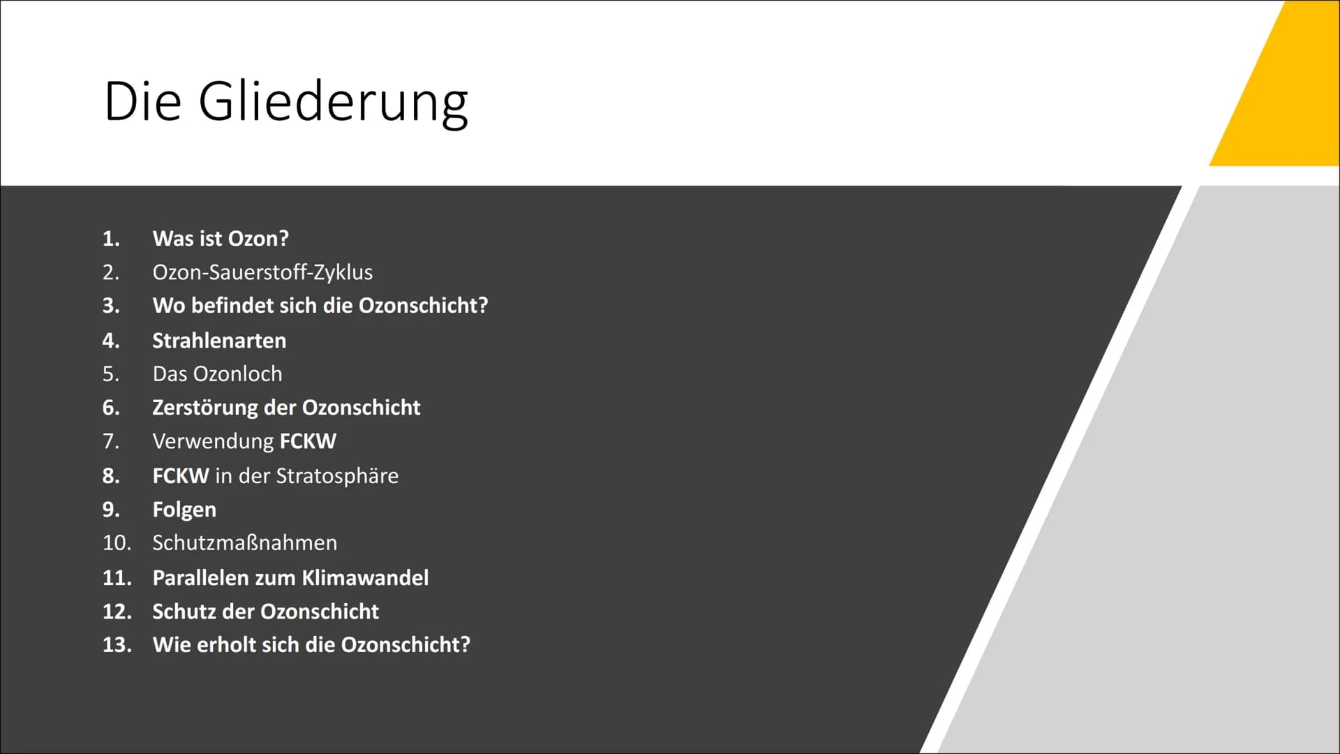 DAS OZONLOCH
Von Cheyenne, Babsie und Filip
18.05.2022 Die Gliederung
1.
Was ist Ozon?
2. Ozon-Sauerstoff-Zyklus
3. Wo befindet sich die Ozo
