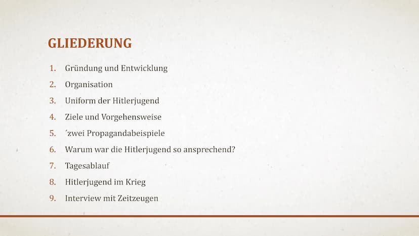 HITLERJUGEND
PAUL, FINN, LEO GLIEDERUNG
1. Gründung und Entwicklung
2. Organisation
3. Uniform der Hitlerjugend
4. Ziele und Vorgehensweise
