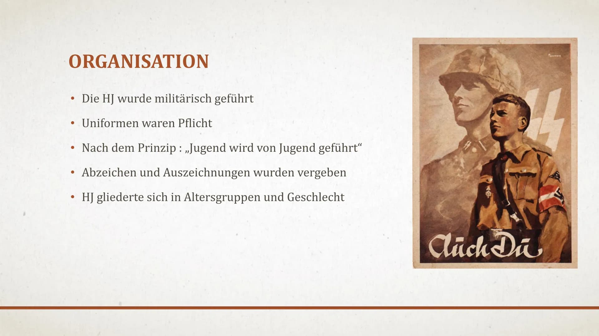 HITLERJUGEND
PAUL, FINN, LEO GLIEDERUNG
1. Gründung und Entwicklung
2. Organisation
3. Uniform der Hitlerjugend
4. Ziele und Vorgehensweise
