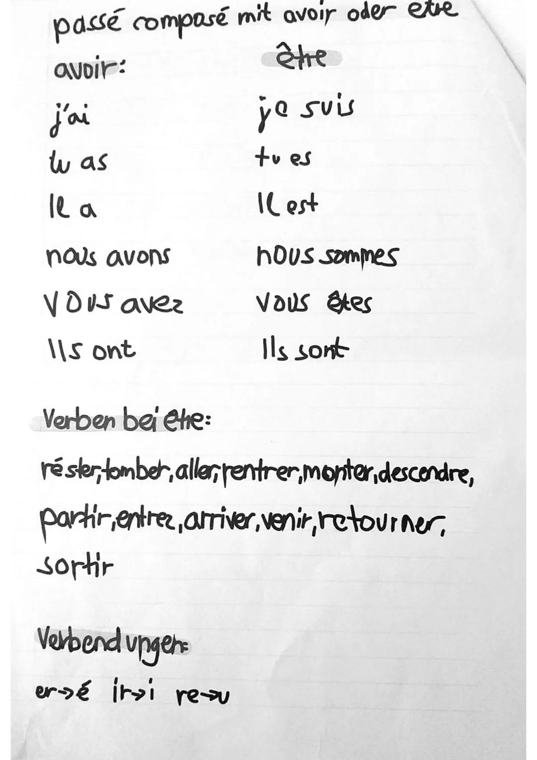 passé composé mit avoir oder etre
avoir:
être
j'ai
tu as
Il a
nous avons
Vous avez
Ils ont
je suis
tu es
Il est
Verbend ungers
ersé irsi res