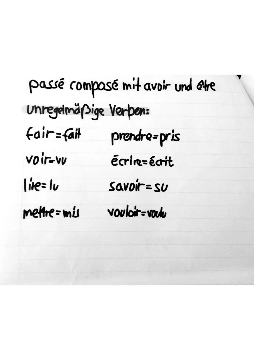 passé composé mit avoir oder etre
avoir:
être
j'ai
tu as
Il a
nous avons
Vous avez
Ils ont
je suis
tu es
Il est
Verbend ungers
ersé irsi res