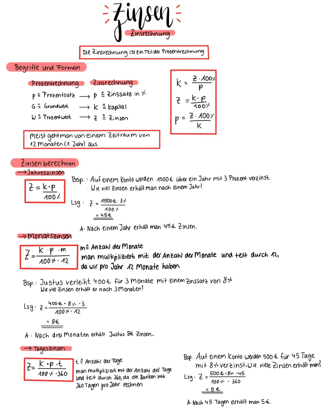 Begriffe und Formein
Prozentrechnung
Р = Prozentsatz
→ P
G = Grundwert → K = kapital
W
Prozentwert
→ Z Zinsen
Zinsen berechnen
→Jahreszinsen