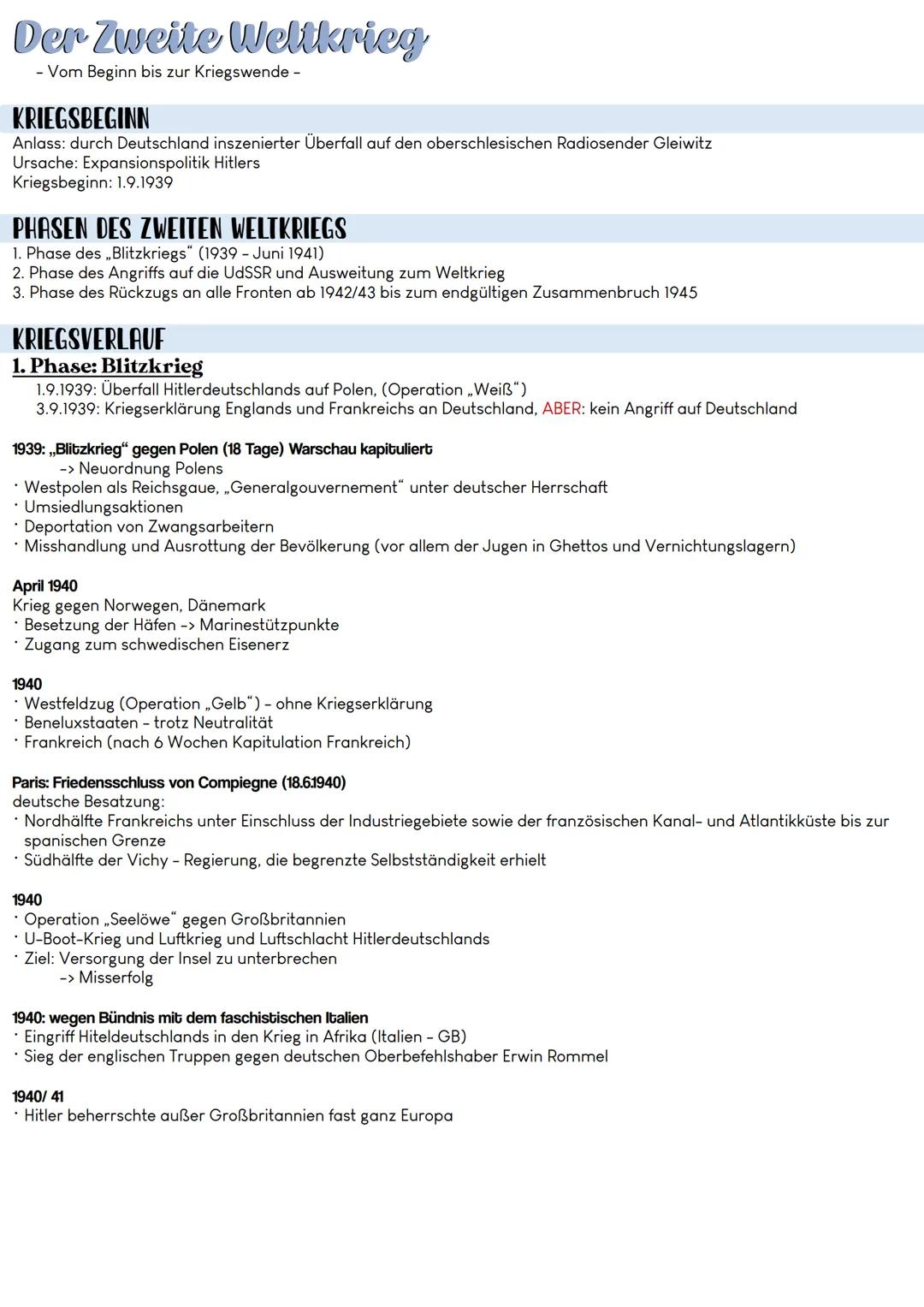 Der Zweite Weltkrieg
- Vom Beginn bis zur Kriegswende -
KRIEGSBEGINN
Anlass: durch Deutschland inszenierter Überfall auf den oberschlesische