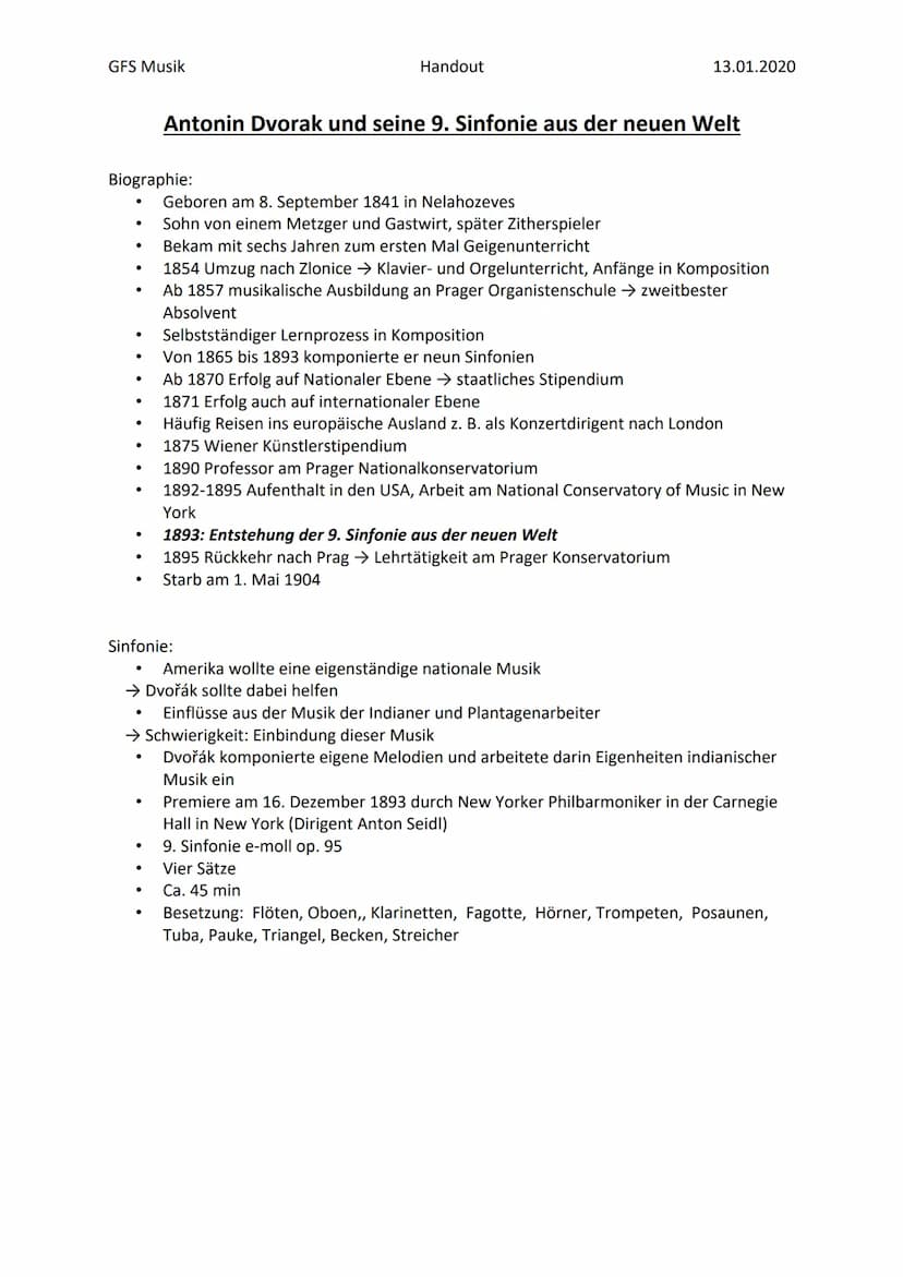 GFS Musik
Biographie:
●
.
●
●
●
●
●
●
Handout
Antonin Dvorak und seine 9. Sinfonie aus der neuen Welt
●
Sinfonie:
Geboren am 8. September 18