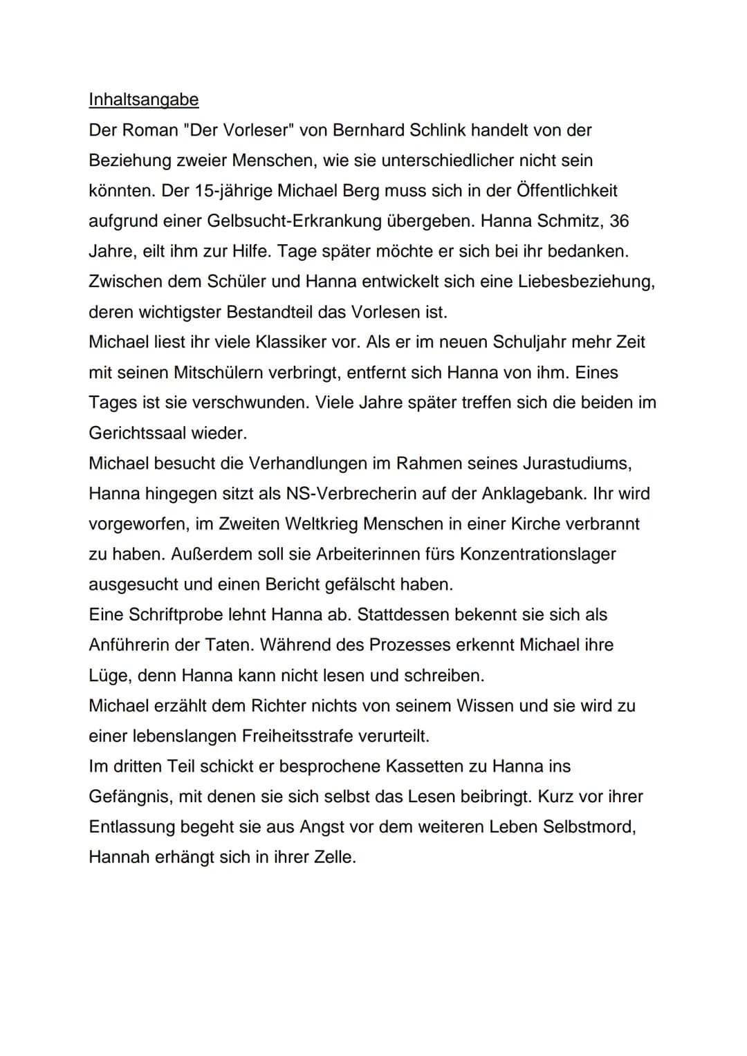 Buchportfolio
Bernhard Schlink
Der Vorleser
Nele Lindner, 10 Gym Inhaltsangabe
Der Roman "Der Vorleser" von Bernhard Schlink handelt von der