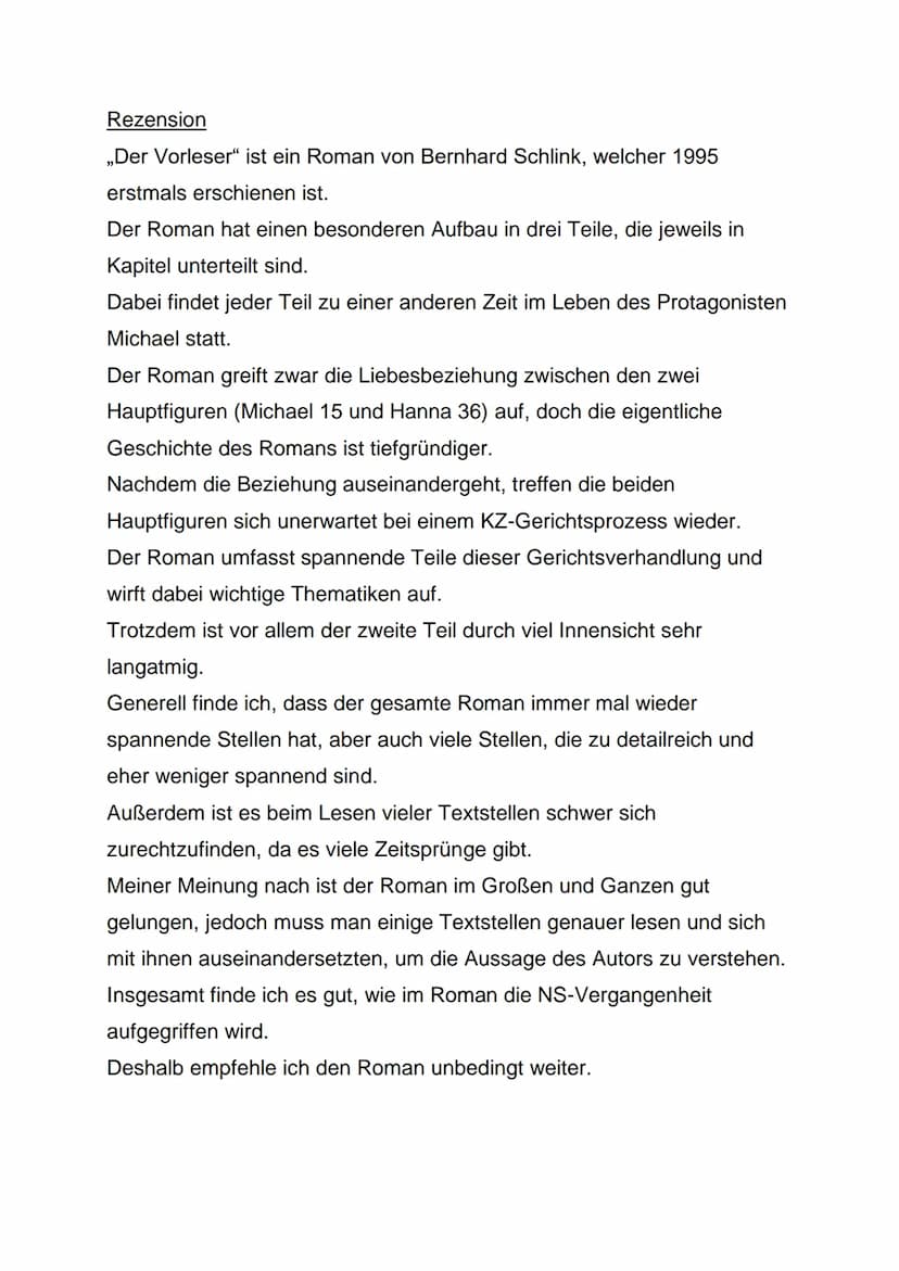 Buchportfolio
Bernhard Schlink
Der Vorleser
Nele Lindner, 10 Gym Inhaltsangabe
Der Roman "Der Vorleser" von Bernhard Schlink handelt von der
