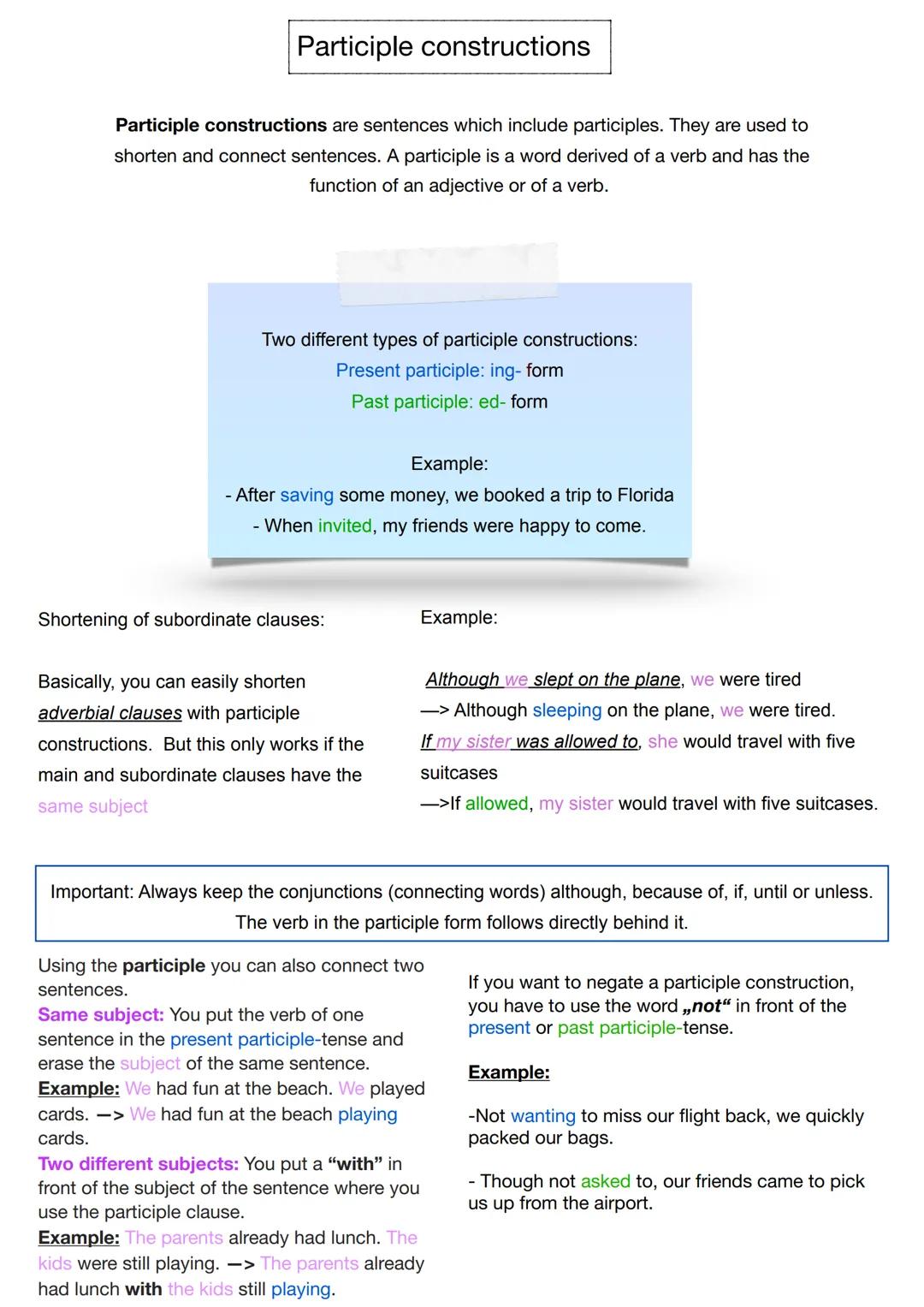 Participle constructions
Participle constructions are sentences which include participles. They are used to
shorten and connect sentences. A
