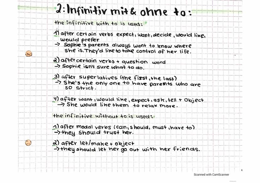 (3
grammar:
Der Infinitiv ist die Grundform des verbs. Im Englischen
findet man diesen in zwei Formen:
mit to (to be, to play, to see) und o