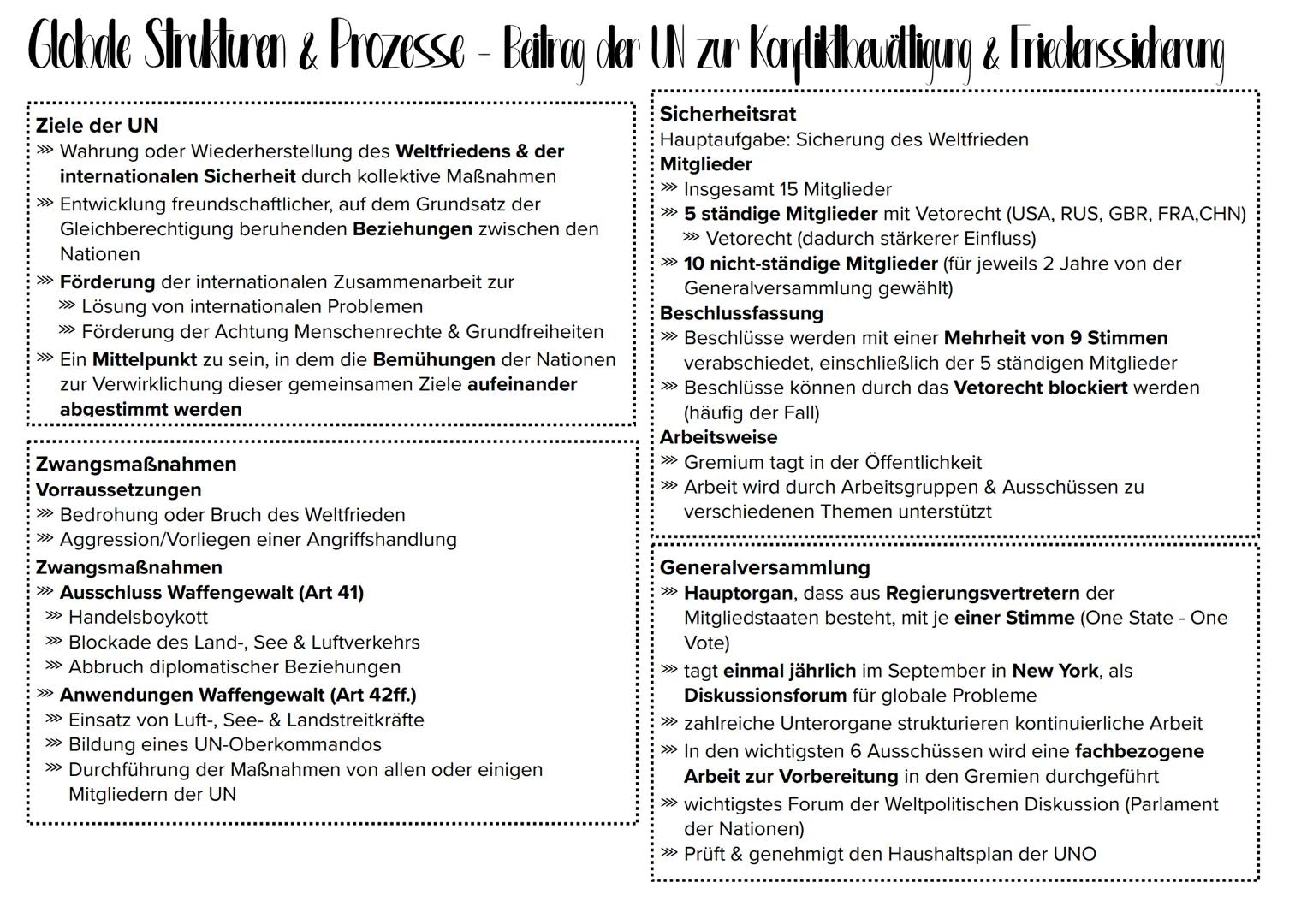 # Globde Strukturen & Prozesse - Beitrag der UN zur Korplikibaudtigung & Friedenssicherung

## Ziele der UN
>>>> Wahrung oder Wiederherstell