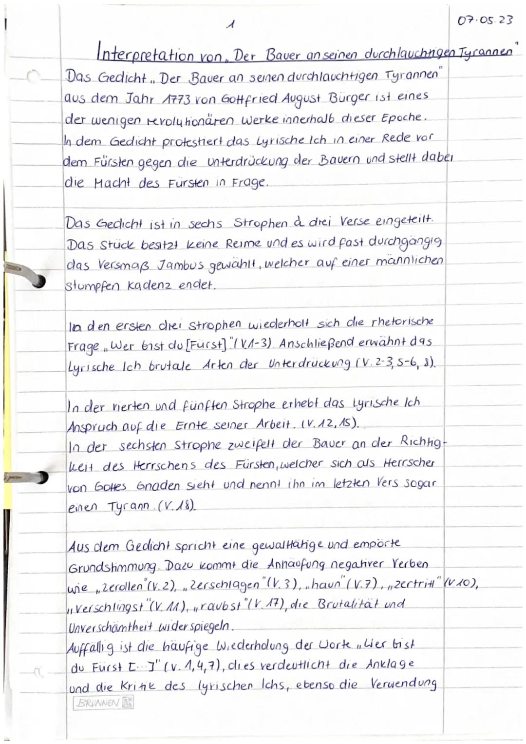 1
Interpretation von..
Der Bauer an seinen durchlauchtigen Tyrannen.
Das Gedicht. Der Bauer an seinen durchlauchtigen Tyrannen"
aus dem Jahr