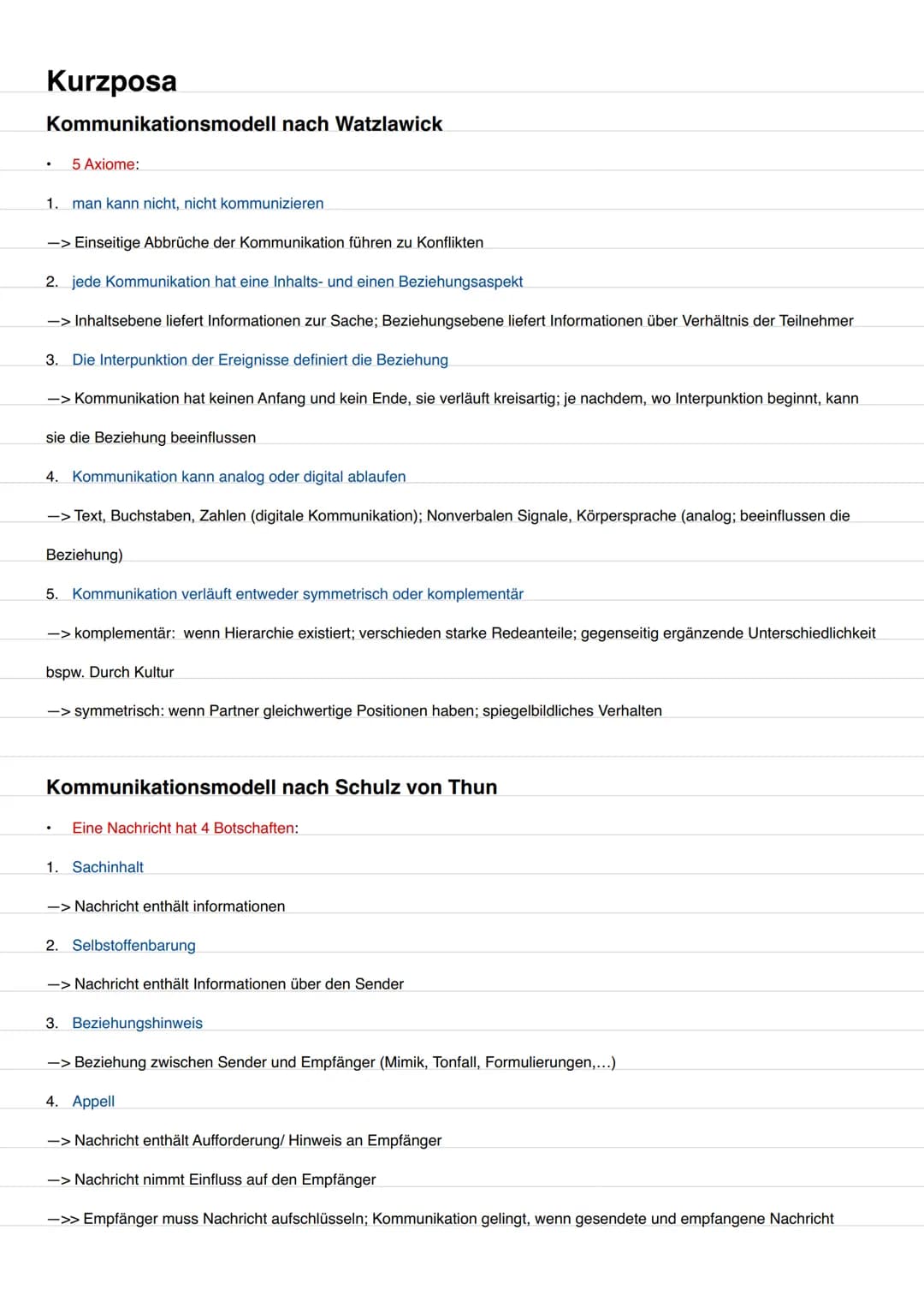 Kurzposa
Kommunikationsmodell nach Watzlawick
5 Axiome:
1. man kann nicht, nicht kommunizieren
-> Einseitige Abbrüche der Kommunikation führ