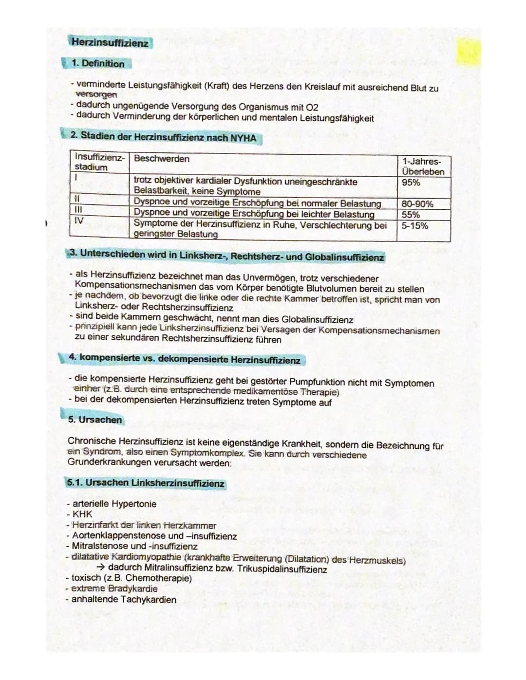 Herzinsuffizienz
1. Definition
- verminderte Leistungsfähigkeit (Kraft) des Herzens den Kreislauf mit ausreichend Blut zu
versorgen
- dadurc